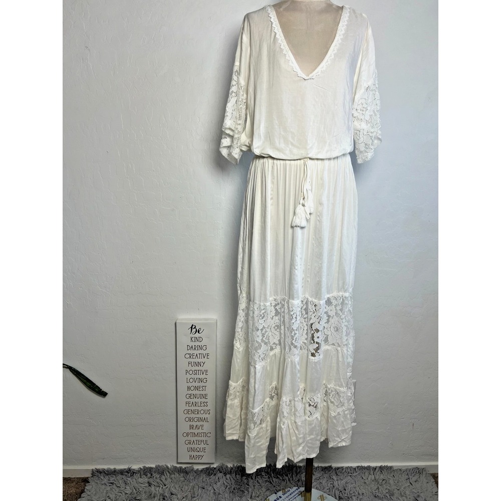 White Lace rayon sheer maxi sun dress beach cover women size M soft feminine